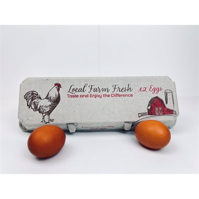 12 count Egg Cartons - Printed Red / Brown - Recycled Paper Pulp, Solid Top Style for Chicken Eggs - Made in USA